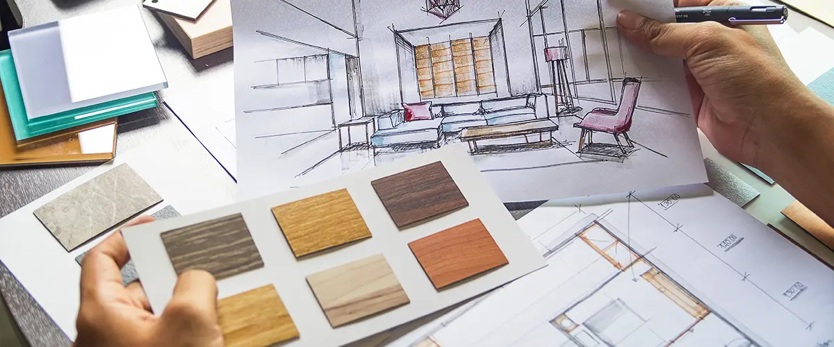 Interior design sketch with material samples and room layout plans on a desk, representing creative design planning.