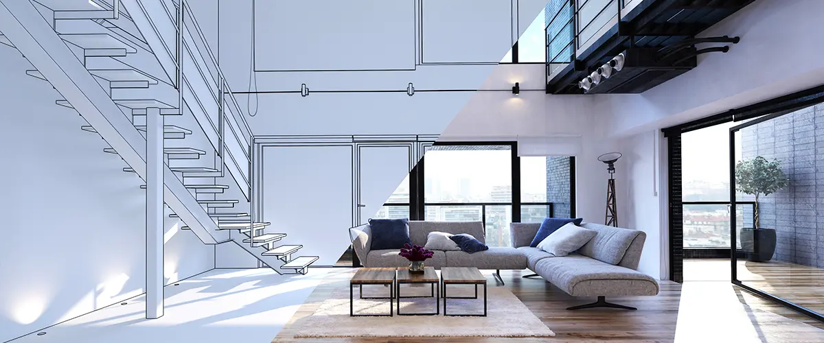 Split image of a contemporary loft design, featuring an architectural sketch blending into a modern interior with city views.