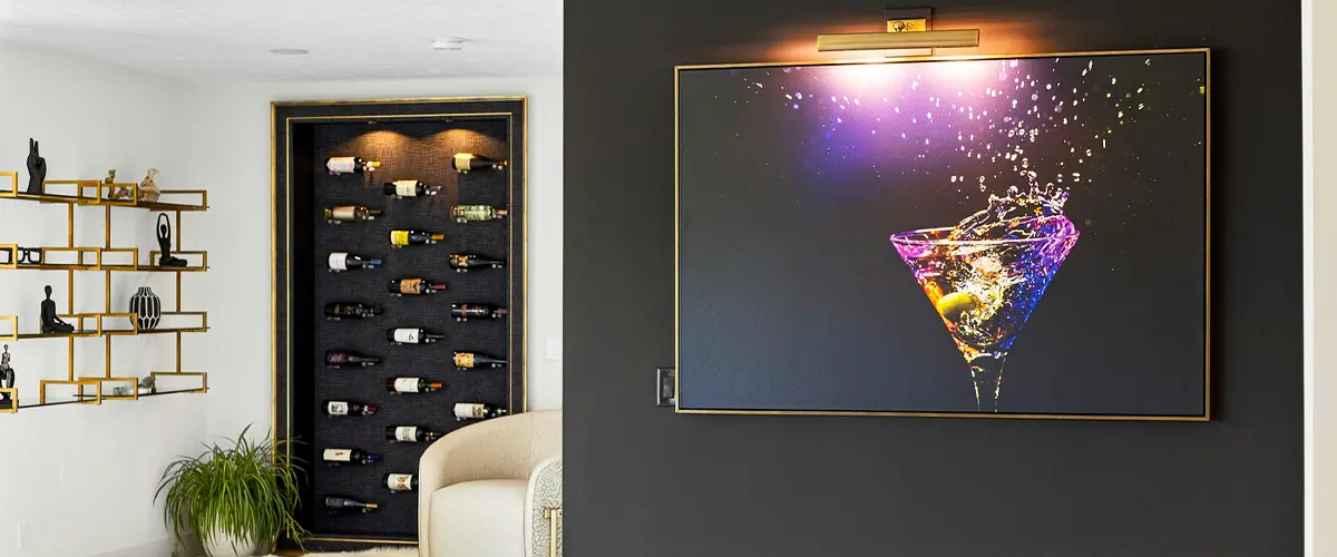 Stylish wine display wall and artistic decor in a modern living space with a luxury wine storage feature and custom artwork.