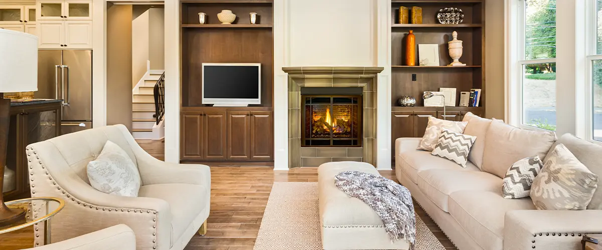 Warm and inviting living room with a coffered ceiling, built-in shelves, and a fireplace focal point.